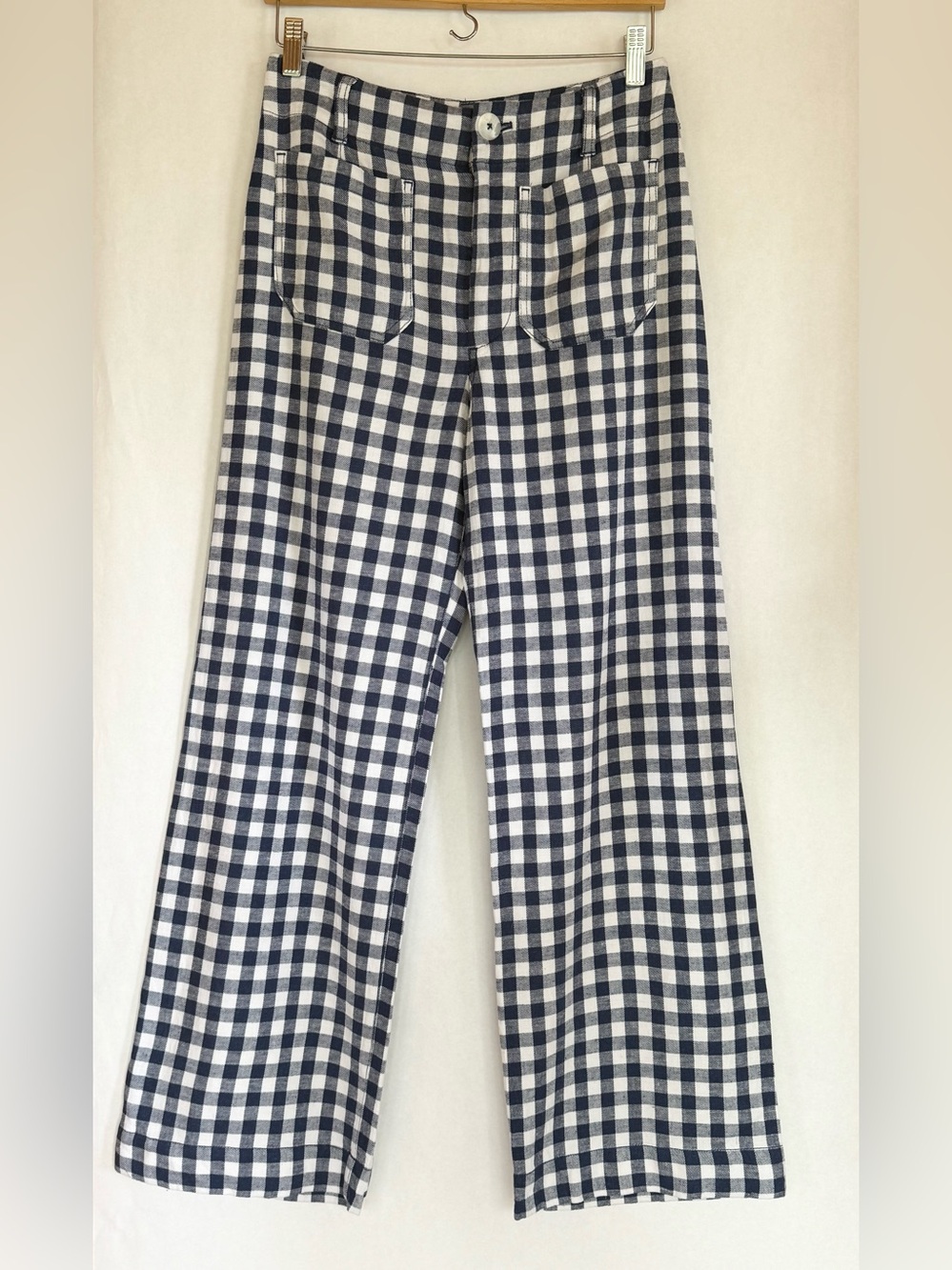 Anthropologie Maeve Women’s Navy and White Gingham Wide-Leg Pants